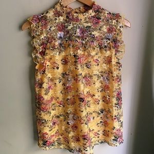 Yellow Floral High Neck Lace Blouse, Sz M